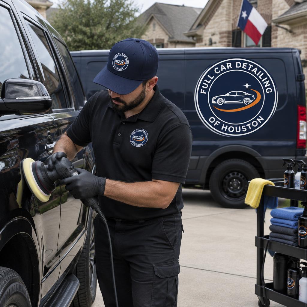 Mobile car detailer polishing a black SUV in a Houston driveway
